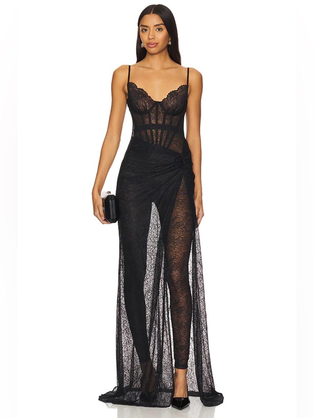 NBD Revolve Veronica Black Sheer Lace Corset Skirted Jumpsuit Gown Small NWT